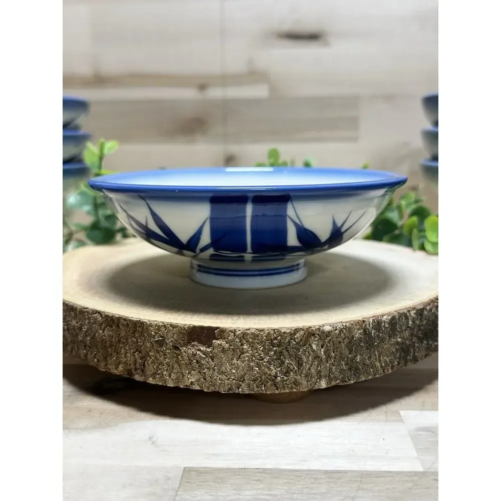 Set/12 Vintage Chinese Porcelain Rice Bowls Blue‎ & White Bamboo Motif 6 LG 6 SM